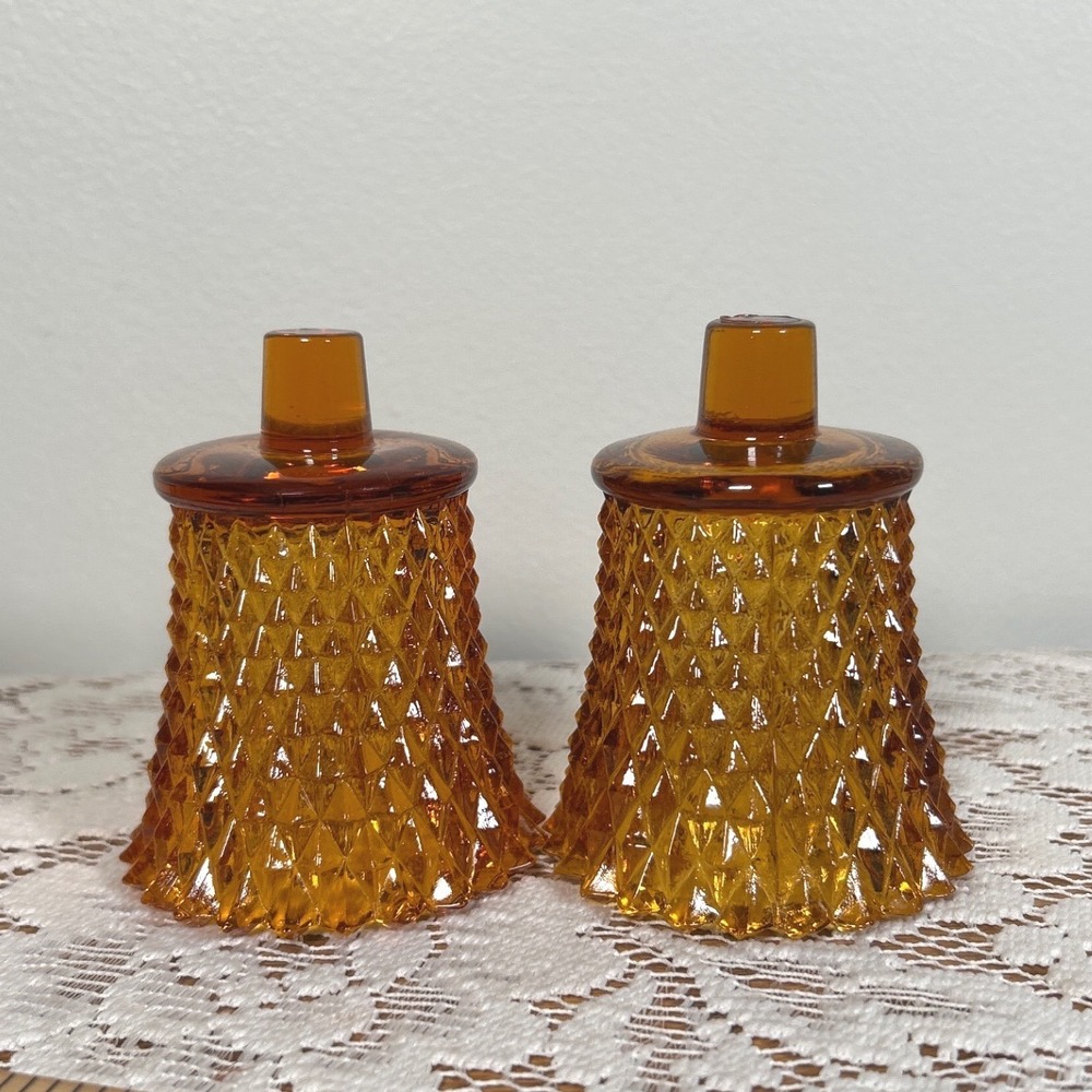 Vintage Amber Glass Diamond Point Peg Votive Candle Holders MCM Retro Set of 2 - Picture 3 of 5